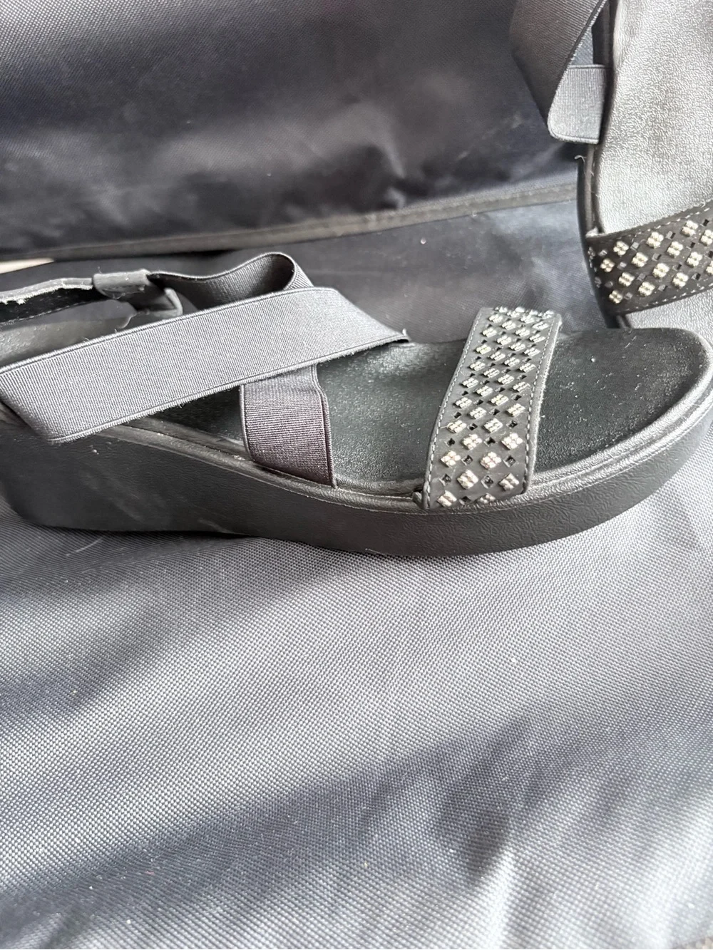 Skechers Black Crisscross Slingback Sandals with Studded Toe Strap